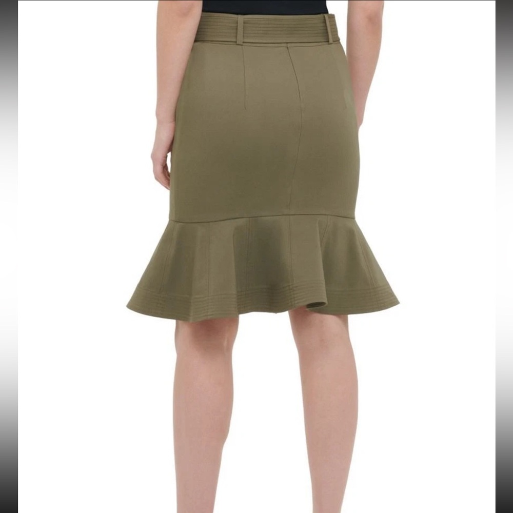 NWOT Calvin Klein Olive Army Green Belted Ruffle Hem Skirt - Picture 2 of 6